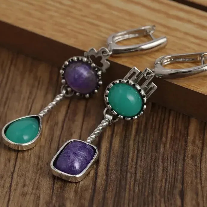 Retro Asymmetric Waterdrop Deep Blue Flower Zinc Alloy Drop Earrings