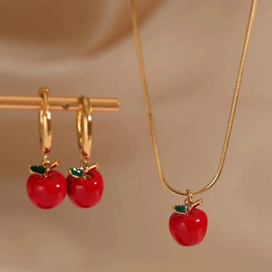 Stainless Steel 18k Gold Red Apple Pendant Geometric Hoop Earrings for Women Girls