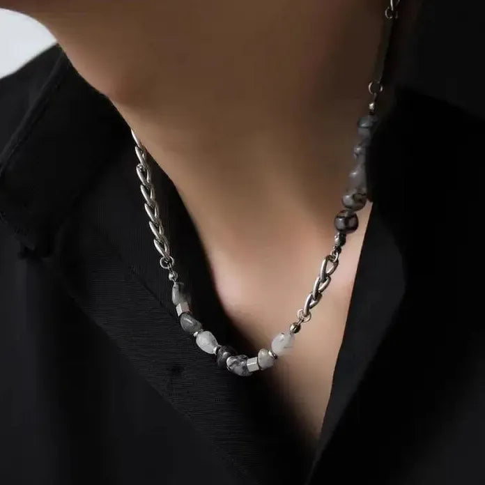 Stainless Steel Gray Glass Beaded Choker Necklace for Men Women Hiphop Jewelry Gift