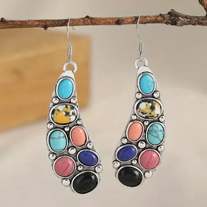 Bohemian Retro Ethnic Long Drop Earrings Green Stone Zinc Alloy Jewelry