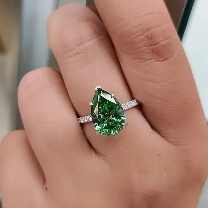 Pear Green CZ Waterdrop Geometric Wedding Engagement Ring for Women