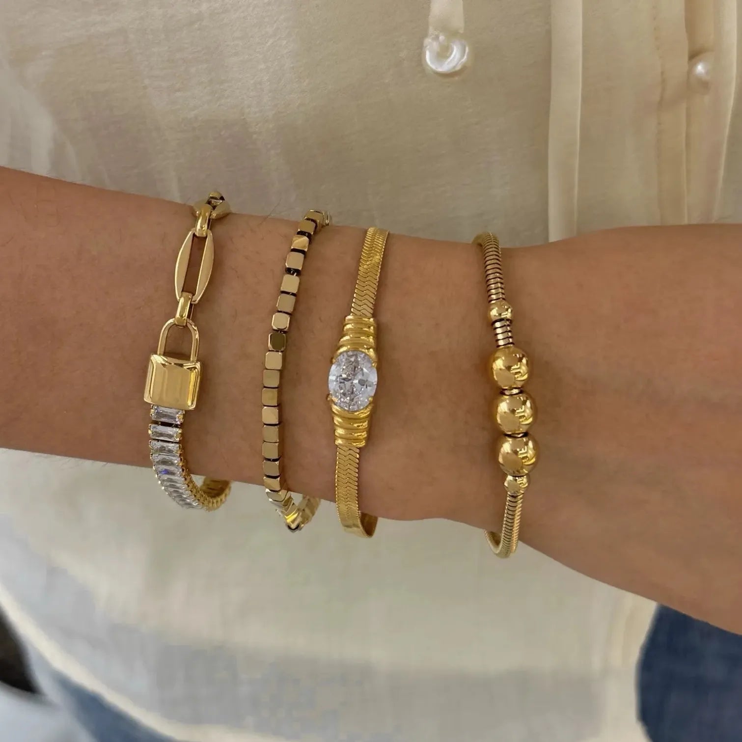 18K Gold Plated Stainless Steel Flat Snake Chain CZ Bracelet for Women Stylish