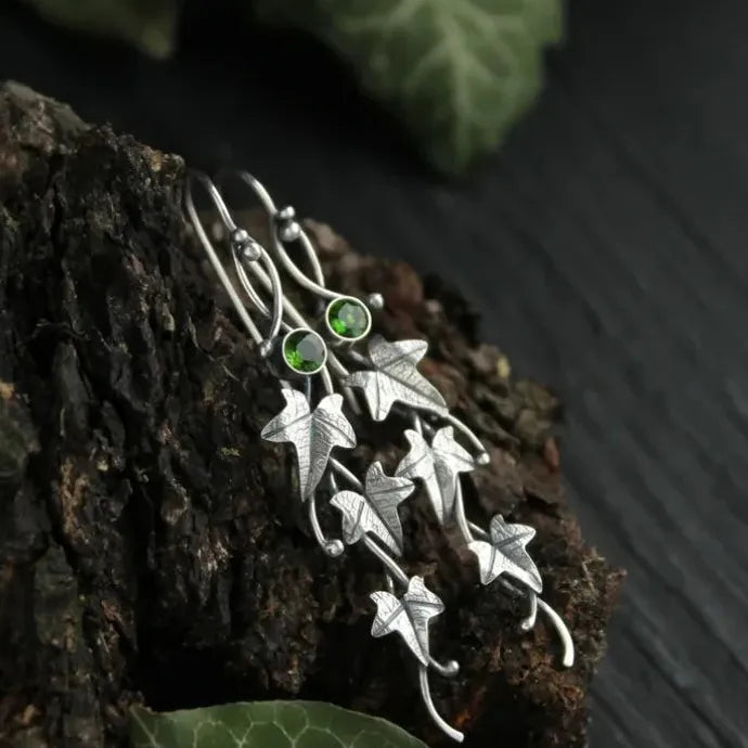 Vintage Ivy Elven Leaf Drop Earrings Women Silver Metal Crystal Jewelry