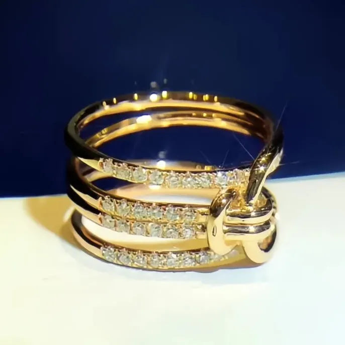 Gold Brass Women's Geometric Cubic Zirconia Wedding Band Ring Luxury Jewelry
