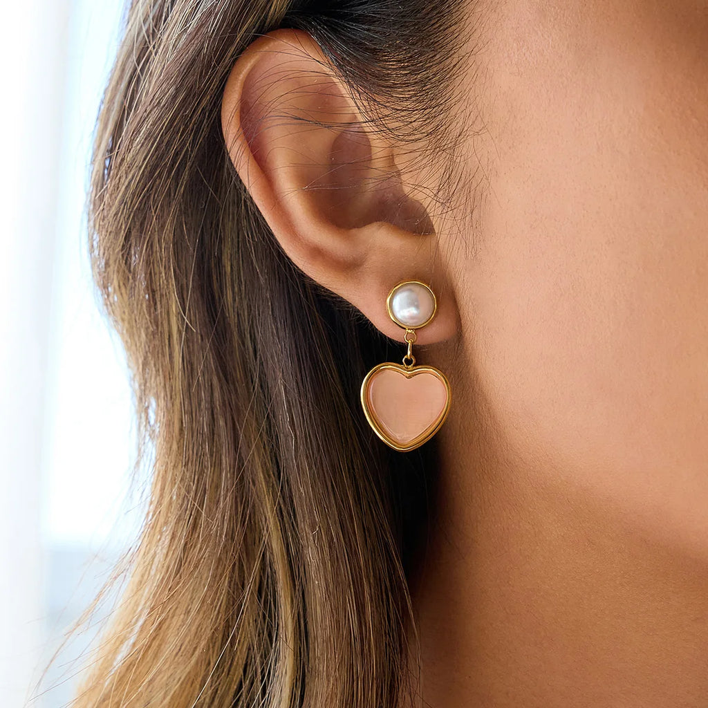 Pink Opal Love Heart Drop Earrings 18K Gold Plated Double Circle Hoops Bridal Jewelry
