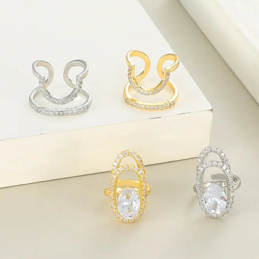 Adjustable Copper Inlaid Zircon Gold Plated Geometric Nail Ring for Women Party Jewelry