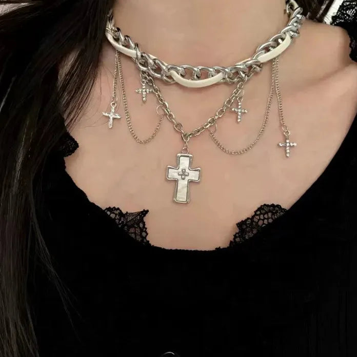 Adjustable Y2K White Zircon Cross Rivet Star Tassel Leather Choker Necklace