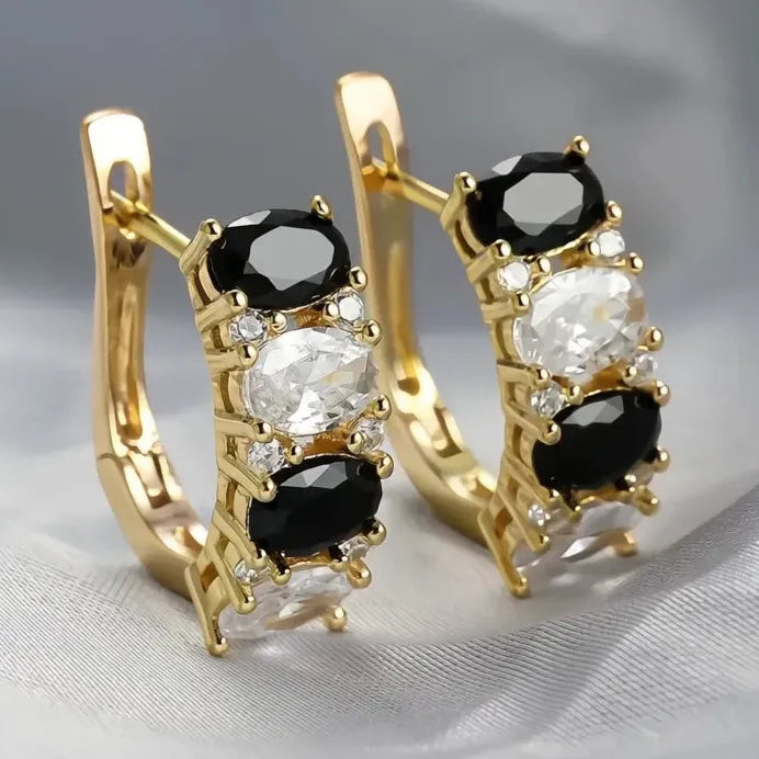 Geometric Gold, White & Black Cubic Zirconia Hoop Earrings for Women