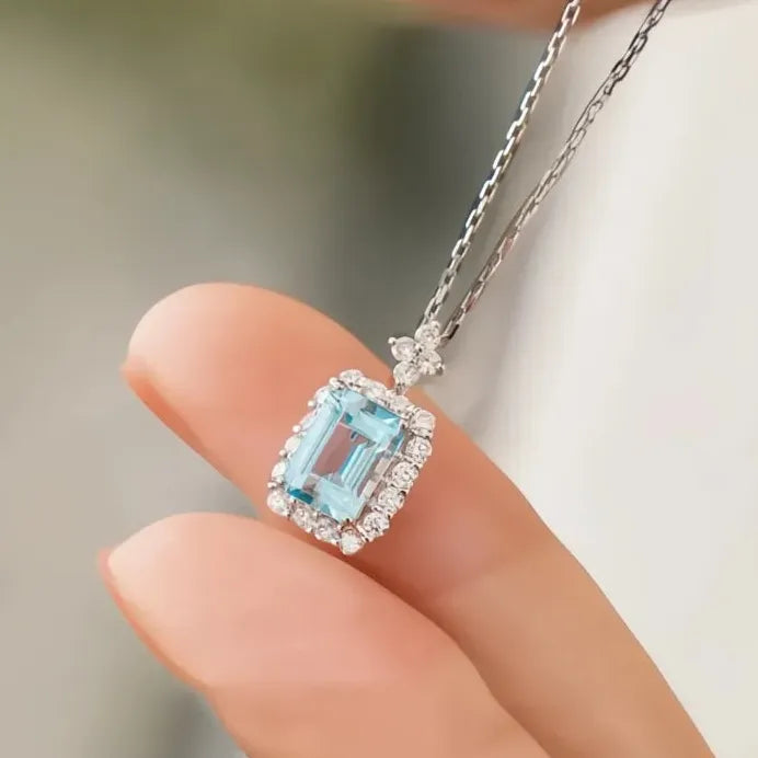Light Blue Square Cubic Zirconia Pendant Necklace for Women Wedding