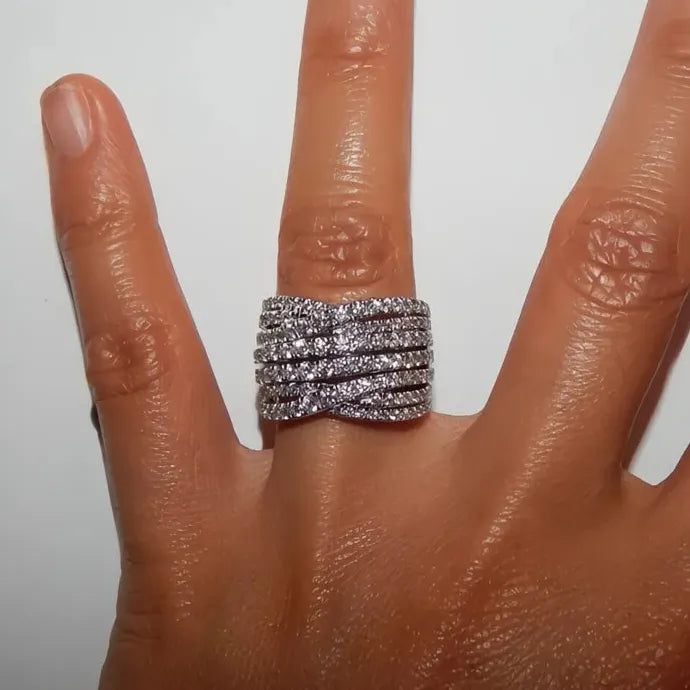 Multi-layer Wide Cross Cocktail Ring Women Silver Cubic Zirconia Jewelry