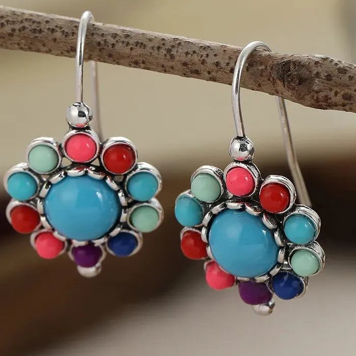 Vintage Sunflower Pendant Earrings Set with Multi-Colored Synthetic Gemstone for Women