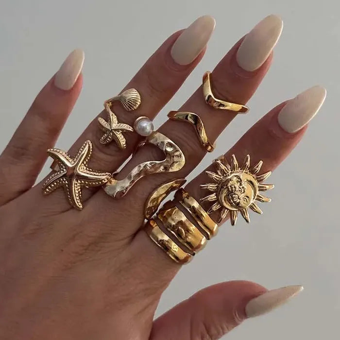 6Pcs Vintage Gold Starfish Sun Open Ring Set Punk Beach Jewelry