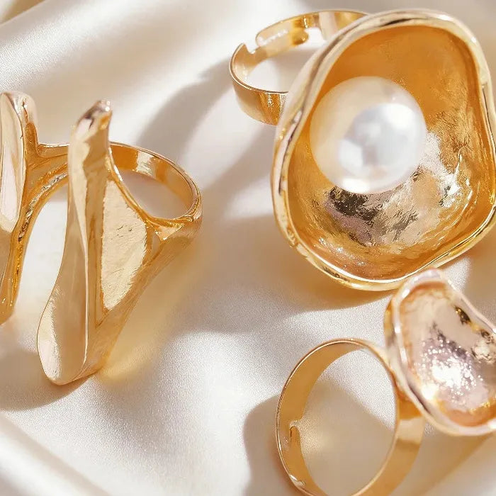Pearl Geometric Layered Trumpet Flower Rings Set for Women Fashion Jewelry