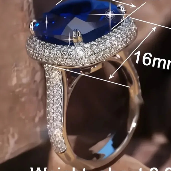 Brass Geometric Cocktail Ring with Blue Cubic Zirconia Wedding Gift