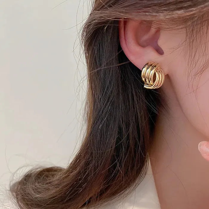 Vintage Glossy Three-Layer Textured Knot Zinc Alloy Stud Earrings for Women