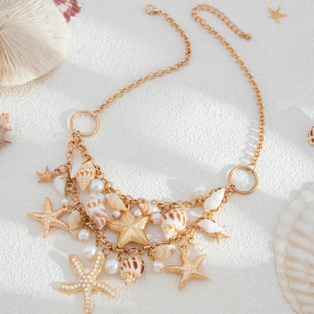 Bohemia Handmade 18k Gold Plated Conch Shell Starfish Pearl Pendant Necklace Women
