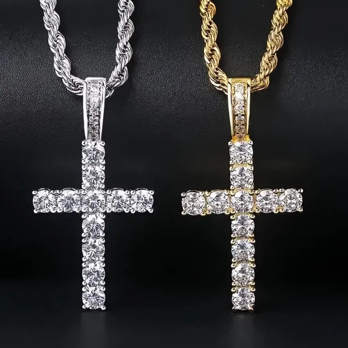 Women’s Cross Pendant Necklace with Long Chain and Cubic Zirconia Stones