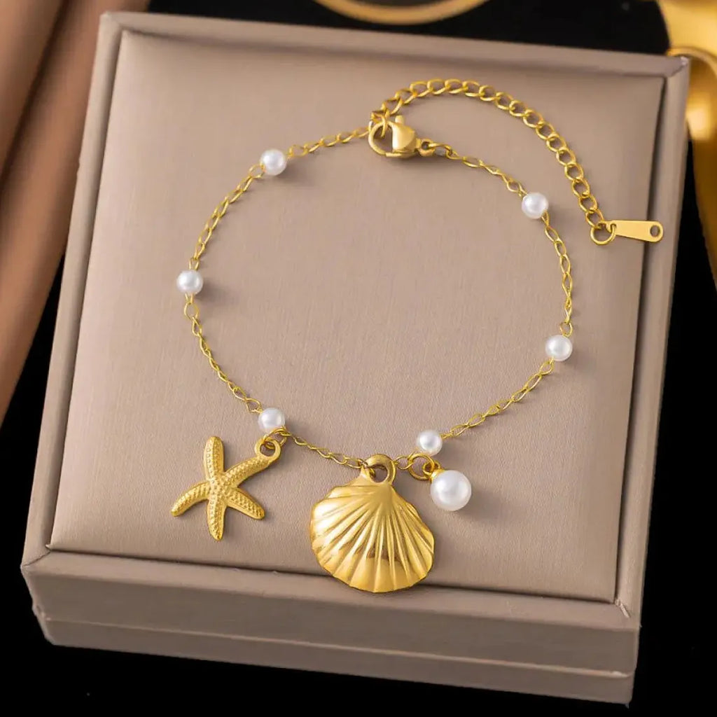 Stainless Steel Pearl Starfish Chain Bracelet Bangle for Women Ocean Jewelry