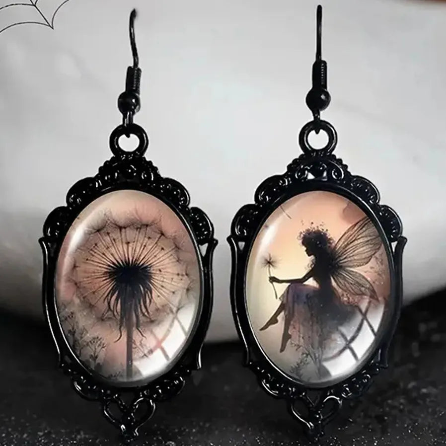 Asymmetric Black Dandelion Elf Fairy Gothic Oval Glass Zinc Alloy Earrings