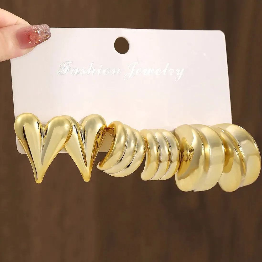 6Pcs Gold Heart Bear Drop Earrings Women Twisted Metal C-Shape Jewelry Gift