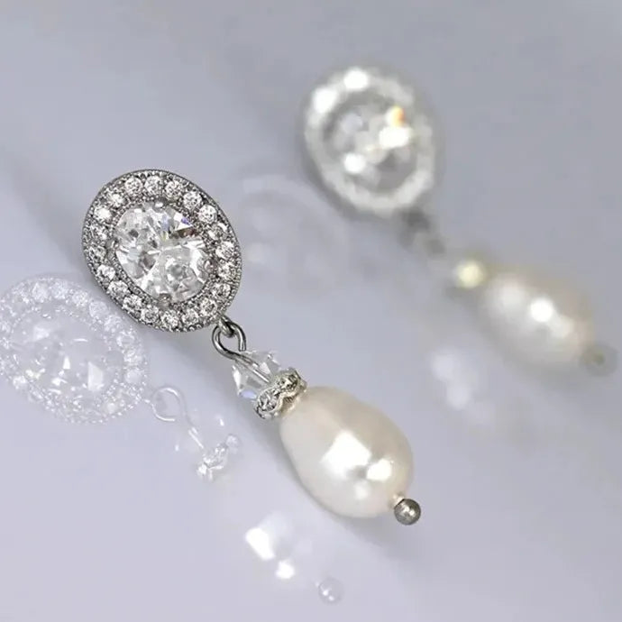 Silver Princess Cut Oval Zircon Earrings with Imitation Pearl Pendant for Women