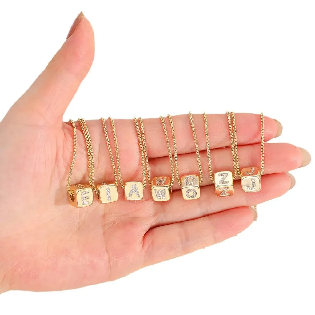 18K Gold Plated Stainless Steel Mini Cube Alphabet Necklace Zircon Choker