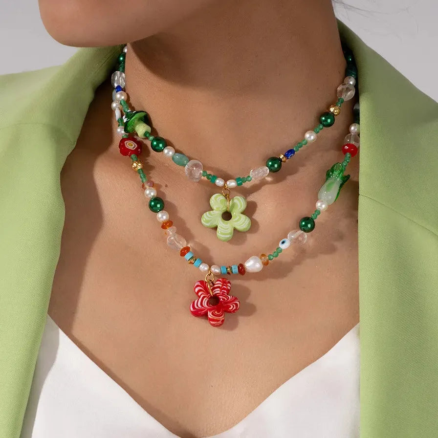 Handmade Summer Multicolor Flower Pearl Beaded Choker Necklace Elegant