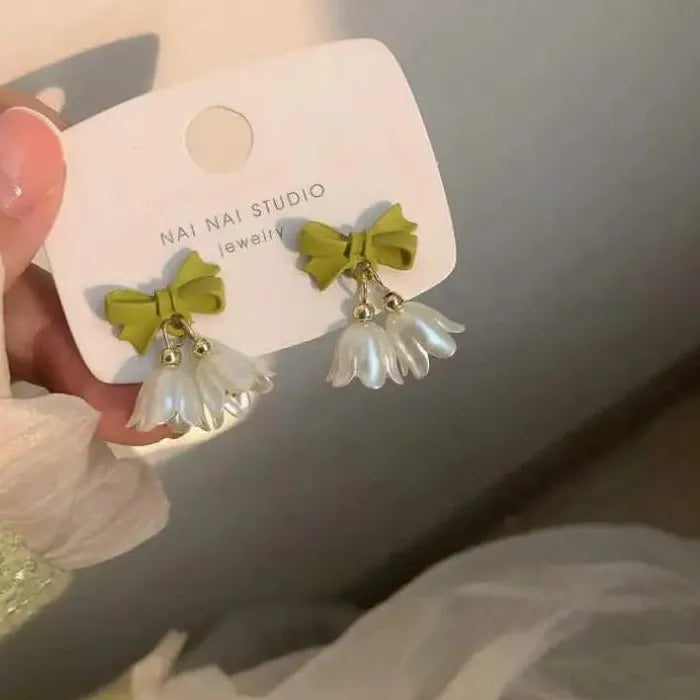 Korea Sweet Green Bow Bell Flower Drop Earrings for Women Alloy Resin Jewelry