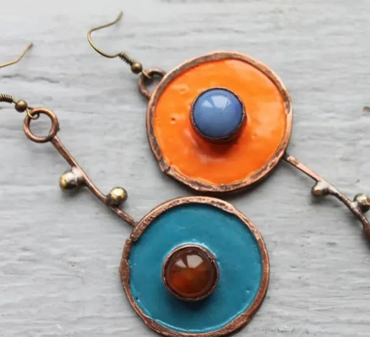 Bronze Metal Drop Earrings with Orange Blue Stone for Women Ethnic Jewelry
