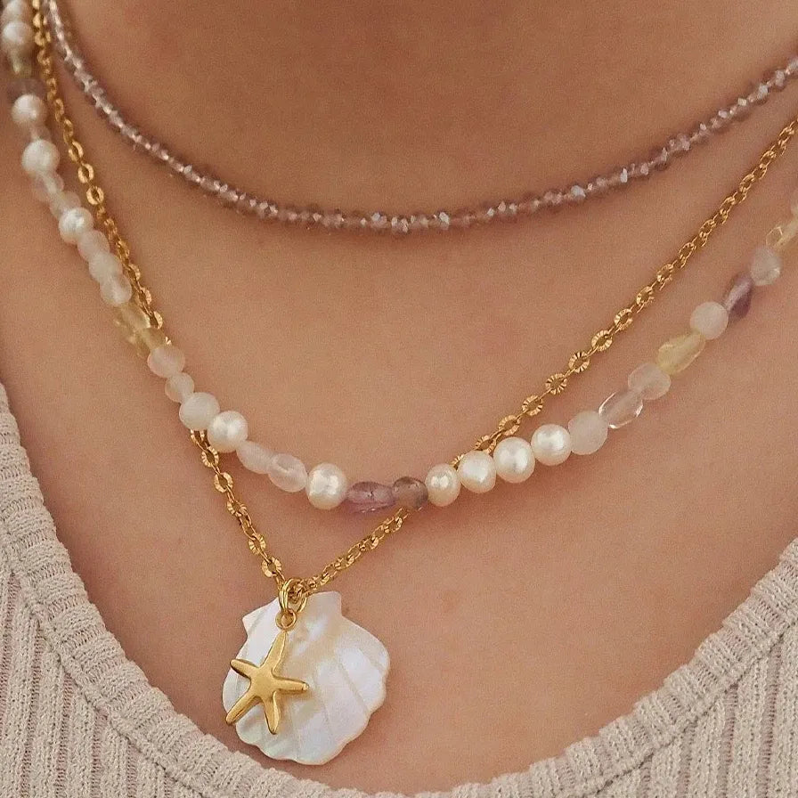 Boho White Shell Pendant Necklace Gold Stainless Steel Sea Turtle Star Choker