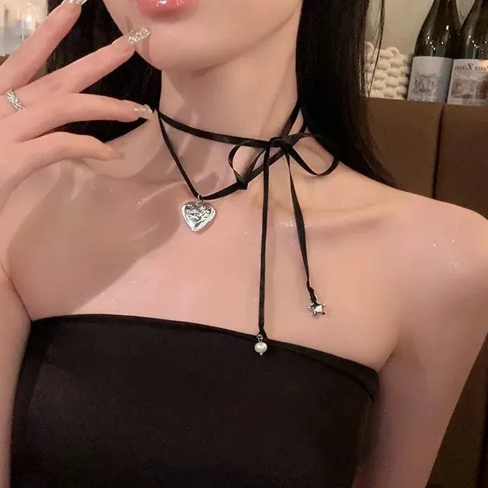 Pink Black Bow Tie Heart Pearl Pendant Necklace for Women Jewelry