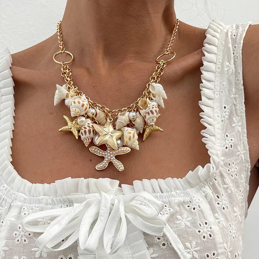 Bohemia Handmade 18k Gold Plated Conch Shell Starfish Pearl Pendant Necklace Women