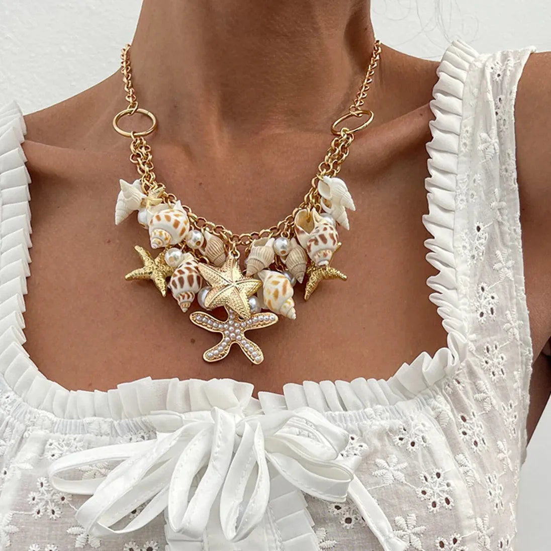 Bohemia Handmade 18k Gold Plated Conch Shell Starfish Pearl Pendant Necklace Women