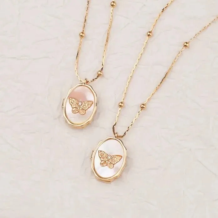 Custom Butterfly Shell Photo Locket Necklace Women Stainless Steel Vintage Memorial Jewelry Mother's Day Gift