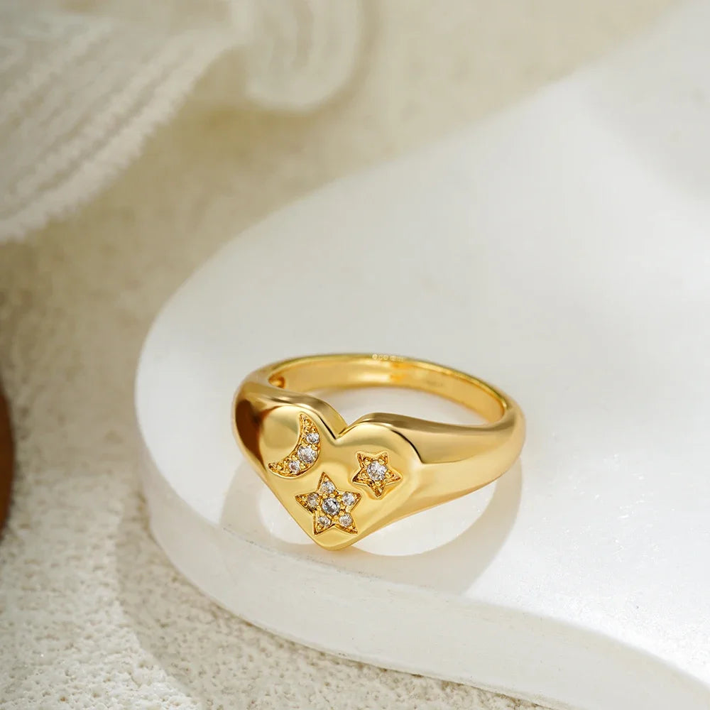 Waterproof Stainless Steel Love Heart Ring for Women 18K Gold Plated CZ Zircon Star Moon Wedding Jewelry