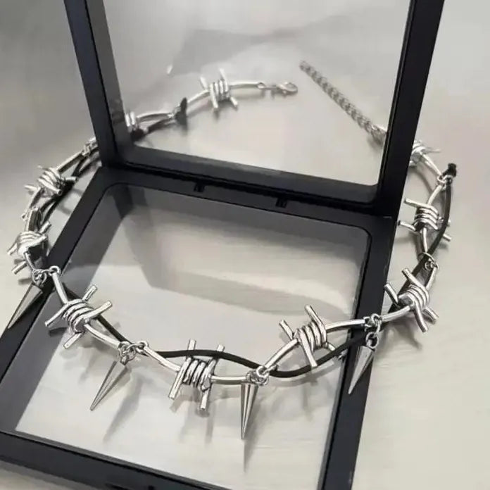 Stainless Steel Gothic Barbed Wire Rivet Double Layer Necklace for Men Women