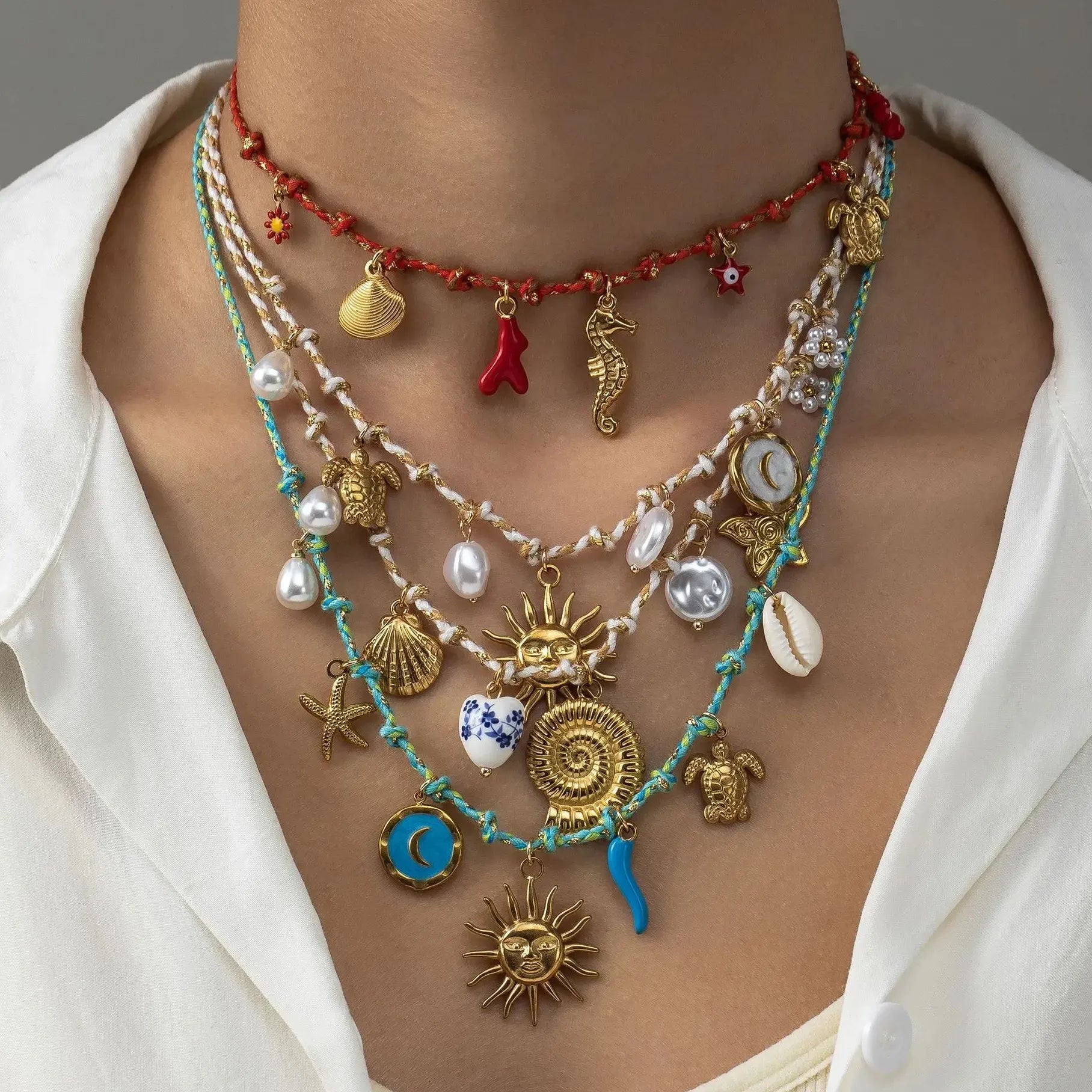 Pearl Marine Organism Pendant Choker Necklace Rope Shell Coral Beach Jewelry