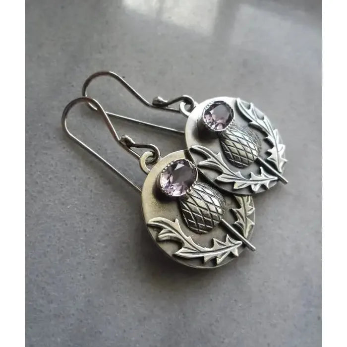 Retro Oval Cubic Zirconia Drop Earrings Silver Metal Flower Pendant Jewelry