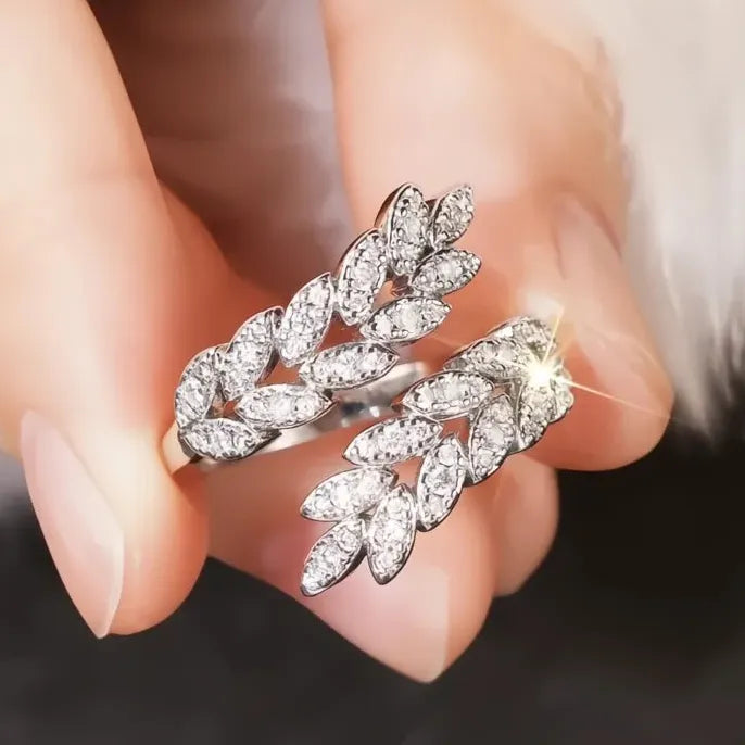 Adjustable Brass Wedding Ring with CZ Leaf Design for Women