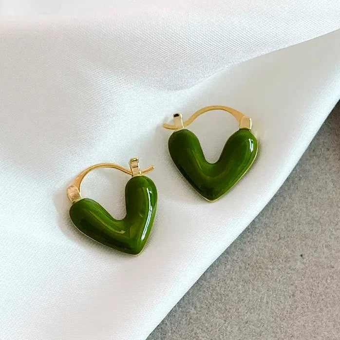 French Romantic Wine Red Enamel Heart Pendant Earrings Copper Alloy Jewelry for Women