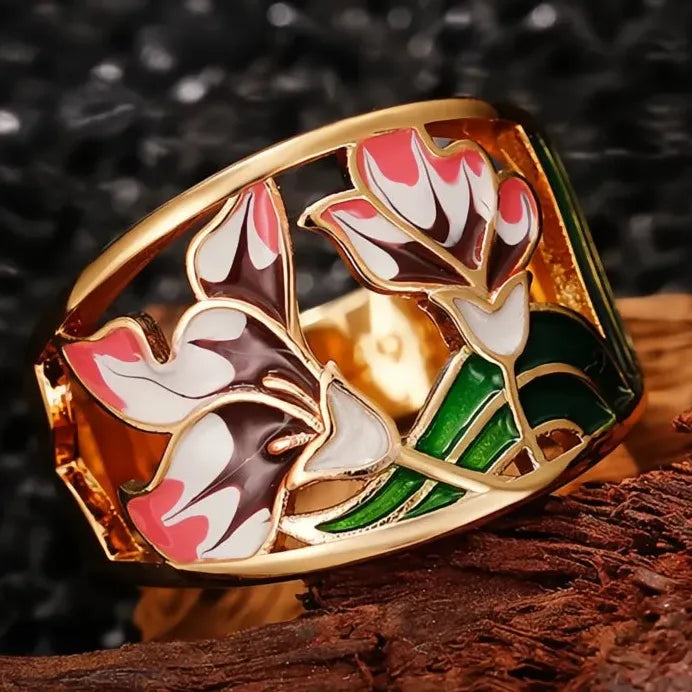 Handmade Brass Enamel Geometric Flower Ring for Women Wedding Jewelry