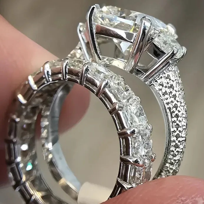 Elegant Silver Color Women Wedding Engagement CZ Bridal Ring Set