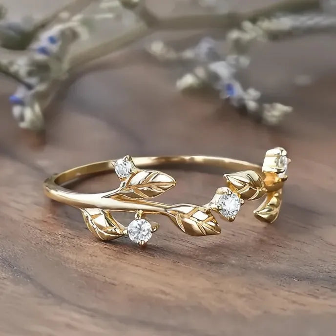 Gold Color Leaf Ring for Women Wedding Band Brass Cubic Zirconia Crystal Jewelry