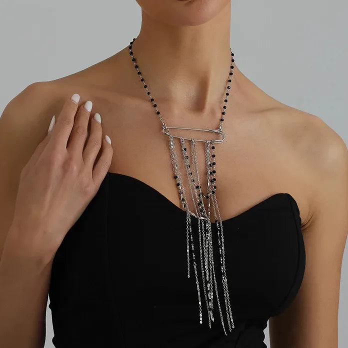 Multi-Layer Tassel Zinc Alloy Brooch Necklace with Crystal Chain Gift for Women
