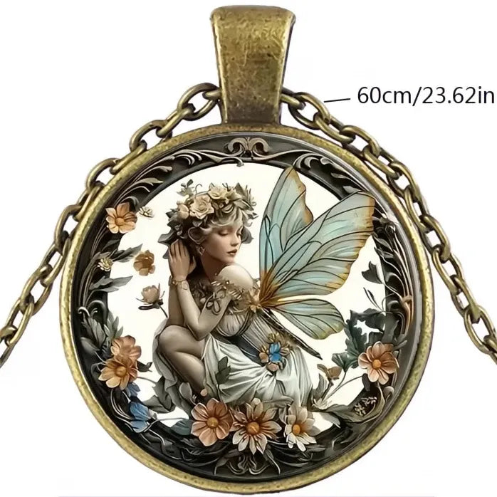 Vintage Round Butterfly Fairy Glass Dome Pendant Necklace Gift Zinc Alloy