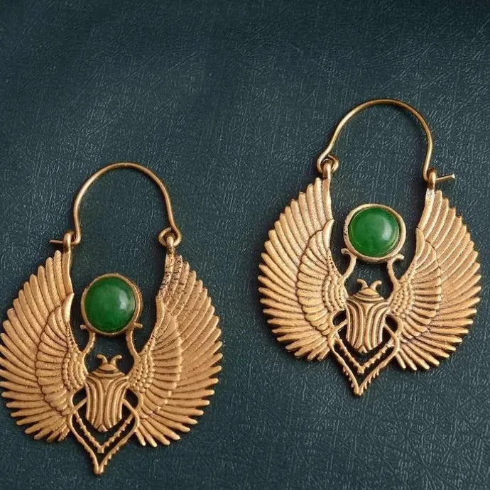 Vintage Egyptian Scarab Wings Large Hoop Earrings Gold Zinc Alloy Gift