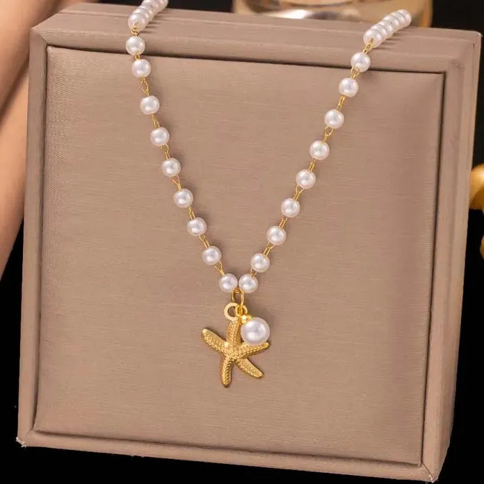 Stainless Steel Starfish Pearl Pendant Necklace Set for Women Gold Chain Gift