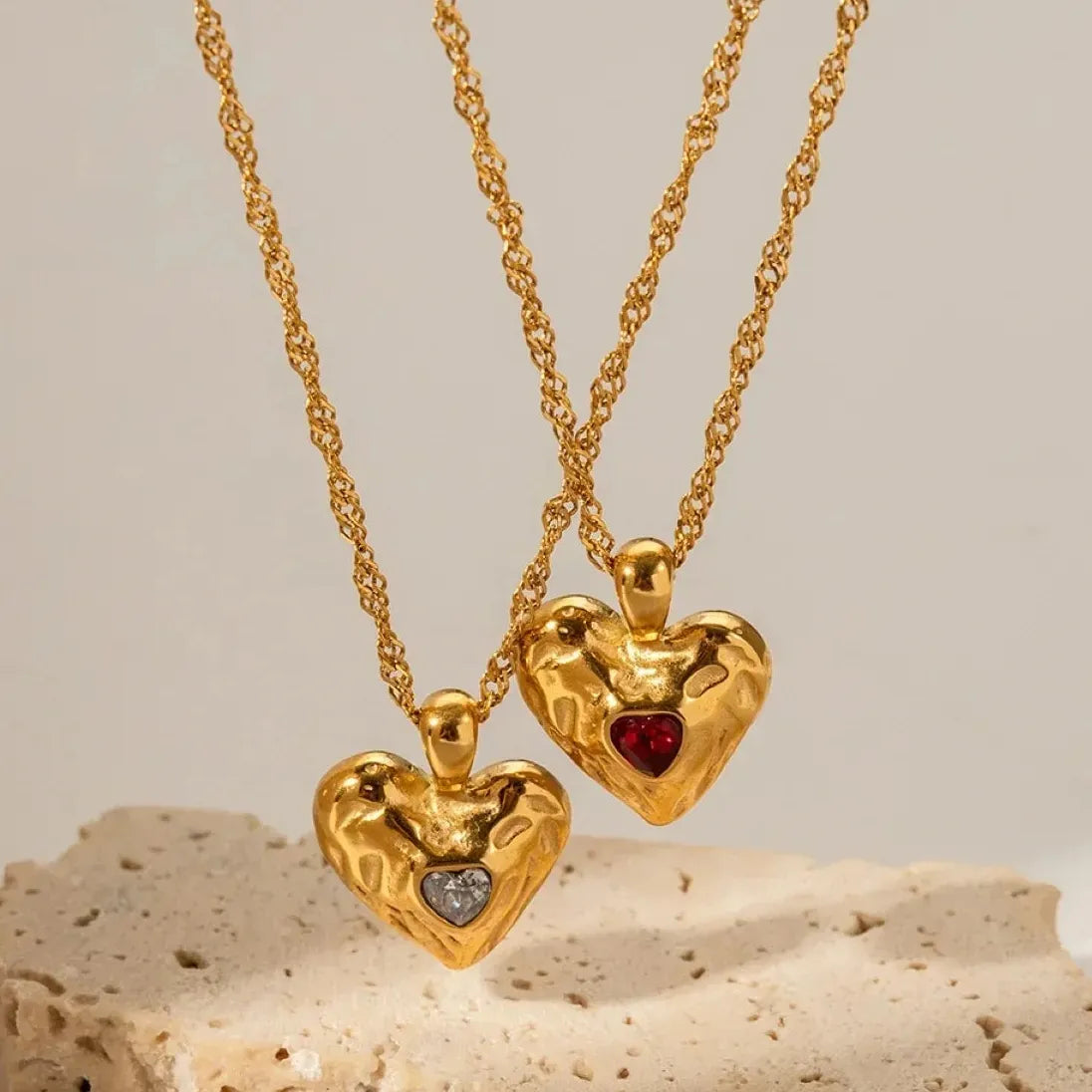 Gold Plated Ribbed Love Heart Pendant Crystal Choker Necklace Women Jewelry Waterproof Stainless Steel