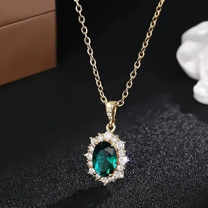 Noble Bright Women’s Green Geometric Cubic Zirconia Pendant Necklace 45CM
