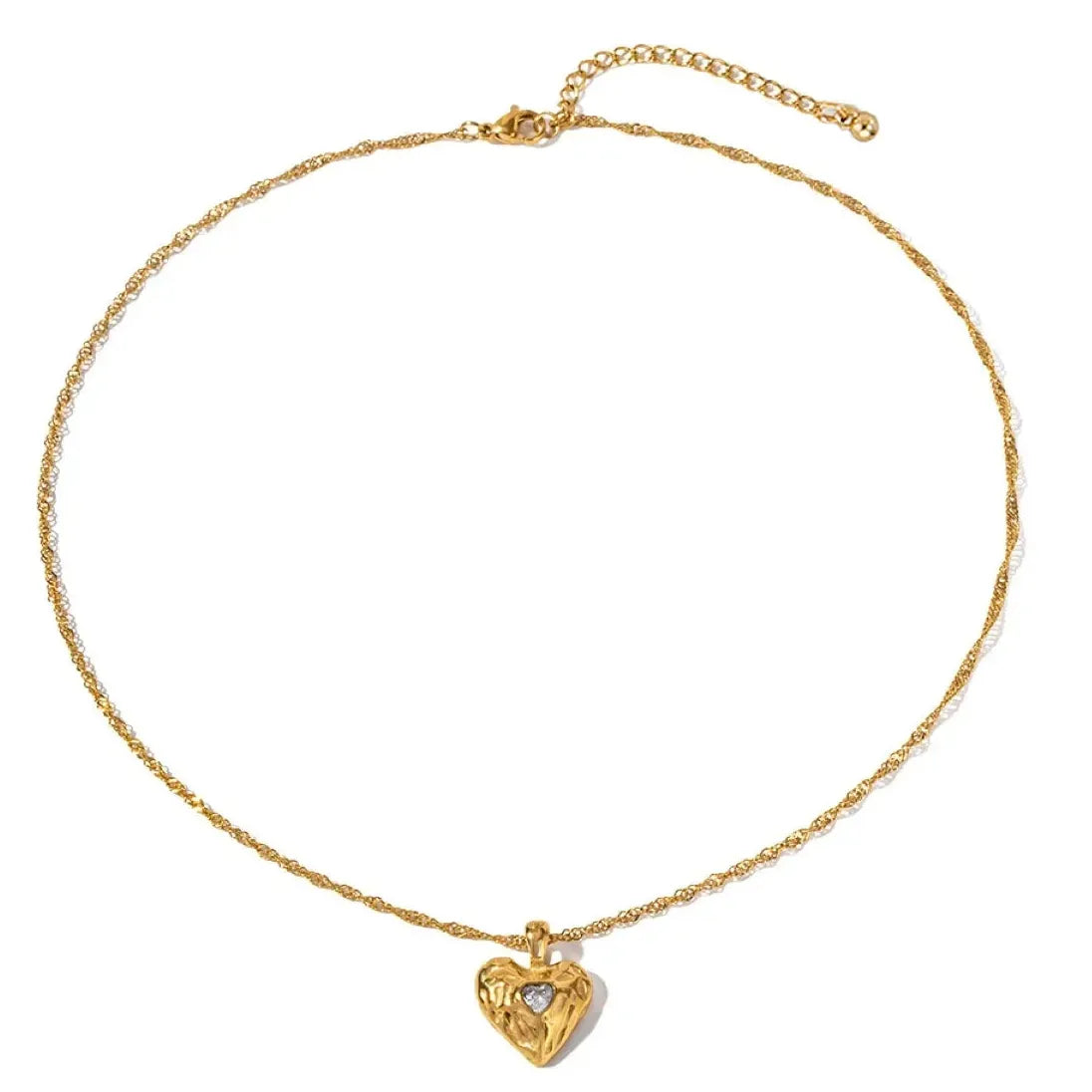 Gold Plated Ribbed Love Heart Pendant Crystal Choker Necklace Women Jewelry Waterproof Stainless Steel